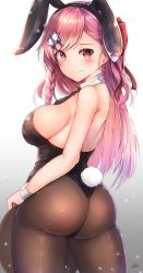 Rule 34 | 1girl, absurdres, animal ears, ass, bare shoulders, black hairband, black leotard, blush, bow, braid, breasts, brown pantyhose, cowboy shot, detached collar, fake animal ears, fake tail, from behind, girls&#039; frontline, hair between eyes, hair ornament, hair ribbon, hairband, hairclip, hexagram, highres, hiromaster sinta jh, holding, holding tray, huge ass, large breasts, leotard, long hair, looking at viewer, looking back, necktie, negev (girls&#039; frontline), one side up, pantyhose, pink hair, playboy bunny, rabbit ears, rabbit tail, red eyes, ribbon, signature, skindentation, smile, solo, star of david, strapless, strapless leotard, tail, tray, wrist cuffs