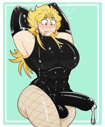 Rule 34 | 1boy, :p, abs, alduinafterdark, armpits, arms behind head, blonde hair, blush, bodysuit condom, covered erect nipples, cum, dio brando, earrings, ejaculation, erection, fishnet pantyhose, fishnets, gloves, highres, jewelry, jojo no kimyou na bouken, latex, latex gloves, latex suit, leaking, long hair, male focus, muscular, muscular male, pantyhose, pectorals, solo, testicles, tongue, tongue out