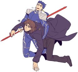 Rule 34 | !?, 2boys, armor, blue hair, brown eyes, brown hair, carrying, carrying under arm, cross, cross necklace, cu chulainn (fate), cu chulainn (fate/stay night), earrings, fate/stay night, fate (series), flat color, gae bolg (fate), jewelry, kotomine kirei, long hair, male focus, multiple boys, necklace, parted bangs, pauldrons, polearm, ponytail, red eyes, shoulder armor, spear, weapon