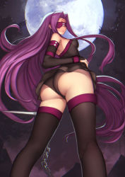 Rule 34 | 1girl, ass, bare shoulders, black dress, black panties, black thighhighs, blindfold, breasts, chain, chromatic aberration, covered erect nipples, dagger, dress, elbow gloves, evan yang, facial mark, fate/stay night, fate (series), fingerless gloves, forehead mark, from behind, from below, full moon, gloves, highres, huge ass, knife, long hair, looking back, medium breasts, medusa (fate), medusa (rider) (fate), moon, night, night sky, outdoors, panties, parted lips, purple hair, sidelocks, sky, solo, standing, strapless, strapless dress, thighhighs, underwear, upskirt, very long hair, weapon