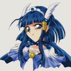 Rule 34 | 1990s (style), 1girl, absurdres, aoki reika, blue bow, blue choker, blue eyes, blue hair, blue theme, bow, brooch, choker, collarbone, cure beauty, grey background, hair tubes, head wings, highres, jewelry, long hair, looking at viewer, magical girl, parted lips, precure, retro artstyle, sidelocks, simple background, sind ngmhn28, smile, smile precure!, solo, upper body, wings