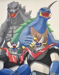 Rule 34 | 1960s (style), 1970s (style), absurdres, claws, crossover, emperor majin z, fang, fangs, gamera, gamera (series), giant, giant monster, godzilla, godzilla: king of the monsters, godzilla (2014), godzilla (monsterverse), godzilla (series), godzilla vs. kong, great mazinger, great mazinger (robot), green eyes, highres, jaw, kaijuu, king kong (series), mazinger (series), mazinger z, mazinger z (mecha), mecha, monster, monsterverse, muscular, no humans, oldschool, open mouth, pilder, reptilian, retro artstyle, robot, scales, science fiction, sharp teeth, size comparison, spikes, spines, super robot, tail, teeth, tokusatsu, tortoise, turtle, turtle shell, tusks, yellow eyes