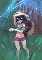 Rule 34 | 1girl, animal ears, artist request, bare legs, bare shoulders, barefoot, blue eyes, bra strap, brown hair, commission, crop top, foot out of frame, grass, green shirt, large tail, long hair, midriff, navel, off-shoulder shirt, off shoulder, original, park bokja, pink shorts, second-party source, shirt, short shorts, short sleeves, shorts, solo, squirrel ears, squirrel tail, standing, stomach, tail, thighs, very long hair, water