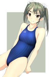 Rule 34 | 1girl, absurdres, alternate costume, blue one-piece swimsuit, commentary request, competition swimsuit, cowboy shot, gluteal fold, grey hair, hair ribbon, highleg, highleg swimsuit, highres, kantai collection, long hair, looking at viewer, mizuno (brand), one-piece swimsuit, ribbon, solo, striped clothes, striped one-piece swimsuit, swimsuit, takafumi, twintails, white ribbon, yellow eyes, zuikaku (kancolle)