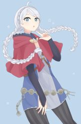 Rule 34 | 1girl, ahoge, belt, blue eyes, braid, capelet, fire emblem, fire emblem fates, hairband, highres, hood, hooded capelet, long hair, looking at viewer, low twin braids, nina (fire emblem), nintendo, open mouth, pants, parted bangs, red capelet, red hood, shiratuyusan, striped clothes, striped pants, twin braids, vertical-striped clothes, vertical-striped pants