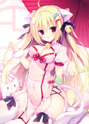 Rule 34 | 1girl, ahoge, animal, animal ear fluff, animal ears, bell, blonde hair, blush, breasts, cat, cat ears, cat girl, cat tail, cleavage, commentary request, covered navel, dress, fang, food on hair, frilled thighhighs, frills, garter straps, hair ornament, hairclip, highres, jingle bell, long hair, looking at viewer, medium breasts, muku (apupop), neck bell, no shoes, oil-paper umbrella, original, parted lips, pink dress, puffy short sleeves, puffy sleeves, red umbrella, round window, short sleeves, sitting, solo, suggestive fluid, tail, thighhighs, two side up, umbrella, very long hair, wariza, white thighhighs, window