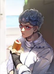 Rule 34 | 1boy, black gloves, blue eyes, blue hair, blue sky, blurry, blurry background, fingerless gloves, food, ghiaccio, glasses, gloves, holding, holding food, jacket, jojo no kimyou na bouken, long sleeves, looking at viewer, male focus, ocean, outdoors, parted lips, short hair, sky, solo, vento aureo, white jacket, zouhyou (at4190)