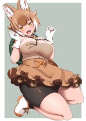 Rule 34 | 1girl, animal ears, bike shorts under skirt, blush, breasts, brown hair, dhole (kemono friends), dog ears, dog girl, extra ears, from below, gloves, highres, kemono friends, kemono friends 3, large breasts, looking at viewer, multicolored hair, official alternate costume, open mouth, seiza, shirt, short hair, sitting, skirt, smile, solo, tail, two-tone hair, white hair, yongo ichifu