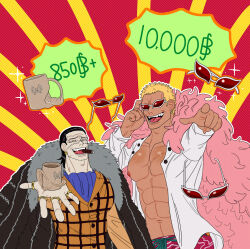 Rule 34 | 2boys, ascot, black coat, black hair, blonde hair, blue ascot, cigar, coat, crocodile (one piece), cup, donquixote doflamingo, earrings, feather coat, fur trim, hair slicked back, highres, holding, holding cup, jewelry, looking at viewer, male focus, mg cls, multiple boys, multiple rings, nipples, one piece, open clothes, open mouth, outstretched arm, pink coat, pointing, pointing at viewer, price, ring, sand, scar, scar on face, shirt, short hair, smile, sunglasses, tan, teeth, white shirt