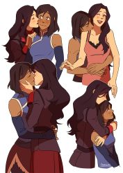 Rule 34 | 2girls, arm warmers, arms around waist, asami sato, avatar: the last airbender, avatar legends, bare shoulders, black hair, blue eyes, blue shirt, blush, breasts, brown hair, chemise, closed eyes, collarbone, couple, dark-skinned female, dark skin, eyeshadow, female focus, fingernails, fur, fur-trimmed skirt, fur trim, green eyes, hand on another&#039;s cheek, hand on another&#039;s shoulder, highres, hug, jacket, kiss, kissing cheek, korra, lingerie, lips, lipstick, long hair, long sleeves, looking at another, looking up, makeup, medium breasts, multiple girls, multiple views, one eye closed, open mouth, overskirt, parted lips, pockicchi, shirt, short hair, simple background, skirt, sleeveless, sleeveless shirt, sleeveless turtleneck, smile, swept bangs, the legend of korra, turtleneck, underwear, upper body, wavy mouth, white background, yuri