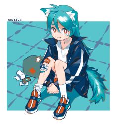 Rule 34 | 1girl, :3, animal ear fluff, animal ears, antenna hair, aqua hair, artist name, bad id, bad tumblr id, bandaid, bandaid on knee, bandaid on leg, blue hair, blue jacket, border, cat ears, cat girl, cat tail, closed mouth, cross, first aid kit, floor, from side, hair between eyes, jacket, knees together feet apart, knees up, limited palette, long hair, long sleeves, looking at viewer, medicine, niwabuki, on floor, open clothes, open jacket, original, outside border, own hands together, popped collar, red cross, red eyes, ruka (niwabuki), shirt, shoes, signature, single tear, sitting, smile, sneakers, socks, solo, tail, tile floor, tiles, white border, white shirt, white socks