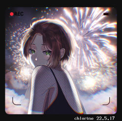 Rule 34 | 1boy, absurdres, azusawa mito, brown hair, clock over orquesta, closed mouth, unworn eyewear, fake screenshot, fireworks, fishnet top, fishnets, green eyes, highres, looking at viewer, looking back, male focus, recording, shade (pixiv76516821), solo
