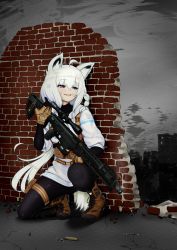 Rule 34 | 1girl, absurdres, ahoge, alternate costume, animal ears, bad id, bad pixiv id, blue eyes, bodysuit, bodysuit under clothes, braid, brick wall, broken wall, brown footwear, bullpup, city, cross-laced footwear, dsr-1, fox ears, fox tail, full body, gloves, grin, gun, hair between eyes, highres, hololive, jacket, long hair, lunch boxer, military, outdoors, pouch, rifle, rubble, shell casing, shirakami fubuki, side braid, smile, smoke, smoking gun, sniper rifle, solo, squatting, tail, thigh pouch, thigh strap, vest, virtual youtuber, weapon, white hair