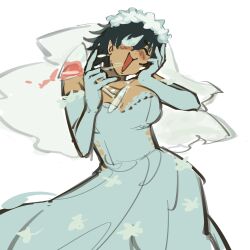 Rule 34 | 1girl, black hair, blush, breasts, bridal veil, chainsaw man, cleavage, closed eyes, cup, dress, drinking glass, elbow gloves, eyepatch, gloves, hand on own face, highres, himeno (chainsaw man), liowig, medium breasts, open mouth, short hair, simple background, solo, spill, veil, wedding dress, white dress, white gloves, wine glass