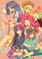 Rule 34 | 6+girls, apple, applejack, bad id, bad pixiv id, baseball cap, blonde hair, blush, book, boots, closed eyes, collarbone, commentary request, cowboy boots, cowboy hat, dress, fluttershy, food, frown, fruit, green eyes, hand mirror, happy, hat, heart, highres, lightning bolt symbol, machino (maggggo), mirror, multicolored hair, multiple girls, my little pony, my little pony: friendship is magic, nail polish, open mouth, personification, pink hair, pinkie pie, purple eyes, purple hair, rainbow dash, rainbow hair, rarity (my little pony), red eyes, school uniform, shoes, skirt, smile, sneakers, star (symbol), streaked hair, tareme, twilight sparkle