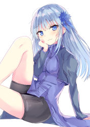 Rule 34 | 1girl, :3, arm support, black jacket, black shorts, blue eyes, blue flower, blue hair, blue shirt, blush, closed mouth, commentary request, feet out of frame, flower, hair flower, hair ornament, hand up, highres, hizaka, isekai ojisan, jacket, juliet sleeves, knee up, long hair, long sleeves, looking at viewer, mabel raybert, open clothes, open jacket, puffy sleeves, shirt, short shorts, shorts, simple background, sitting, sleeves past wrists, solo, white background