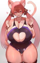Rule 34 | 1girl, animal ears, black one-piece swimsuit, black thighhighs, blush, breasts, cat ears, cat girl, cat tail, cleavage, cleavage cutout, clothing cutout, fang, fangs, female focus, furry, furry female, heart, heart necklace, highres, huge breasts, jewelry, kyuuri, long hair, looking at viewer, matching hair/eyes, necklace, one-piece swimsuit, open mouth, original, pink eyes, pink hair, shiny skin, skin fang, skindentation, smile, solo, swimsuit, tail, thick thighs, thigh gap, thighhighs, thighs, twintails, w arms