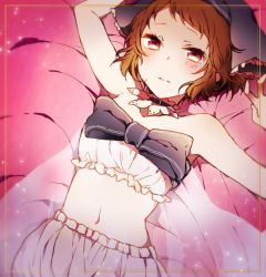 Rule 34 | 10s, 1girl, arm up, black bow, blush, bow, brown hair, detached collar, from above, hat, hyouka, ibara mayaka, kiri (lwp01 lav), lying, midriff, navel, on back, parted lips, red eyes, short hair, solo, sparkle