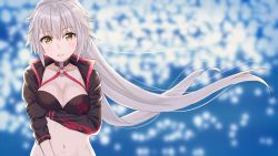 Rule 34 | 1girl, bikini, bikini top only, black bikini, black collar, black gloves, black jacket, blurry, blurry background, breasts, choker, cleavage, collar, commentary request, dot nose, fate/grand order, fate (series), gloves, hair between eyes, highres, jacket, jeanne d&#039;arc alter (swimsuit berserker) (fate), jeanne d&#039;arc (fate), jeanne d&#039;arc alter (fate), jeanne d&#039;arc alter (swimsuit berserker) (fate), large breasts, long hair, long sleeves, looking at viewer, mirai (mirai76 ), navel, o-ring, o-ring bikini, ocean, parted lips, shrug (clothing), silver hair, solo, swimsuit, teeth, upper body, very long hair, yellow eyes