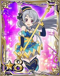 Rule 34 | 10s, 1girl, blue thighhighs, detached sleeves, earrings, grey hair, holding, holding weapon, jewelry, long hair, pointy ears, purple eyes, seven (sao), solo, sword art online, thighhighs, weapon