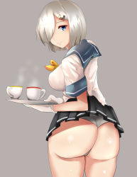 Rule 34 | 1girl, ass, blouse, blue eyes, blue sailor collar, breasts, closed mouth, cup, from behind, gloves, grey hair, hair ornament, hair over one eye, hairclip, hamakaze (kancolle), highres, hizagawa rau, holding, holding tray, kantai collection, large breasts, light smile, looking at viewer, looking back, neckerchief, panties, sailor collar, school uniform, serafuku, shirt, short hair, sideboob, simple background, solo, steam, tray, underwear, white gloves, white panties, white shirt, yellow neckerchief