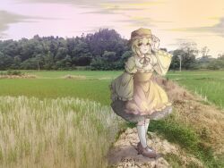 Rule 34 | 1girl, aki minoriko, apron, black skirt, blonde hair, chinese commentary, cloud, commentary request, dated, hand on headwear, hat, highres, long sleeves, looking at viewer, open mouth, outdoors, pzgr.40, red eyes, shoes, short hair, signature, skirt, sky, socks, solo, touhou, white socks