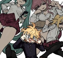 Rule 34 | 1boy, 3girls, absurdres, black jacket, black pantyhose, blonde hair, blush, breasts, cellphone, cellphone charm, charm (object), cigarette, collared shirt, desk, drooling, gakuran, glasses, hair between eyes, hand on own hip, hatsune miku, highres, holding, holding cigarette, holding phone, jacket, jihecchi, kagamine len, kagamine rin, large breasts, long hair, long sleeves, medium breasts, megurine luka, middle finger, mouth drool, multiple girls, nail polish, nose blush, open mouth, panties, pantyhose, pantyshot, phone, piercing, pink hair, plus danshi (vocaloid), school desk, school uniform, shirt, simple background, skirt, smartphone, smoke, smoking, tongue piercing, twintails, underwear, vocaloid, white background, white panties, white shirt