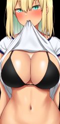 Rule 34 | 1girl, bikini, black bikini, blonde hair, blush, bottomless, breasts, clothes in mouth, clothes lift, colored inner hair, green eyes, green hair, hair between eyes, highres, hisakabe oto, large breasts, lifting own clothes, looking at viewer, medium hair, mouth hold, multicolored hair, navel, original, shirt, shirt in mouth, shirt lift, short sleeves, solo, stomach, swimsuit, t-shirt, tan, white shirt