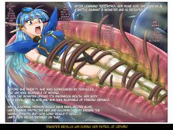 Rule 34 | 1990s (style), blue eyes, blue hair, blush, cyclone (reizei), digestion, female focus, forced, leotard, long hair, magic knight rayearth, open mouth, rape, restrained, retro artstyle, ryuuzaki umi, slime, source request, tears, teeth, tentacle pit, tentacles, tentacles under clothes, text focus, thighhighs, translated, vore