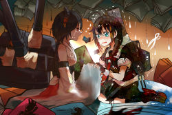 Rule 34 | 10s, 2girls, bare shoulders, black hair, black serafuku, blue eyes, braid, breasts, cannon, detached sleeves, fusou (kancolle), gloves, hair ornament, hairclip, itomugi-kun, japanese clothes, kantai collection, knees, long hair, michishio (kancolle), miko, mogami (kancolle), multiple girls, open mouth, paper, personification, pleated skirt, red eyes, ribbon, school uniform, serafuku, shigure (kancolle), short hair, single braid, sitting, skirt, tears, turret, water, yamashiro (kancolle)