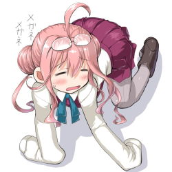 Rule 34 | 10s, 1girl, ahoge, crawling, dd (ijigendd), closed eyes, eyewear on head, glasses, kantai collection, long hair, looking for glasses, makigumo (kancolle), pantyhose, pink hair, sleeves past wrists, uniform