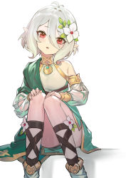 Rule 34 | 1girl, absurdres, antenna hair, bare shoulders, breasts, commentary request, detached sleeves, dress, feet out of frame, flower, hair between eyes, hair flower, hair ornament, head tilt, highres, knees up, kokkoro (princess connect!), long sleeves, moyume, parted lips, pointy ears, princess connect!, puffy long sleeves, puffy sleeves, red eyes, see-through, see-through sleeves, shadow, short hair, silver hair, sitting, sleeveless, sleeveless dress, small breasts, solo, white background, white dress, white flower