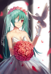Rule 34 | 1girl, 7lark, bad id, bad pixiv id, bare shoulders, bird, blurry, bouquet, breasts, cleavage, collarbone, depth of field, dress, eyepatch, flower, gloves, green hair, hatsune miku, long hair, looking at viewer, parted lips, petals, pigeon, red eyes, rose, smile, solo, twintails, veil, vocaloid, wedding dress, white gloves