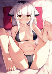Rule 34 | 1girl, animal ears, arknights, bare arms, bare legs, bare shoulders, barefoot, bikini, black bikini, blush, breasts, cameltoe, cleft of venus, collarbone, commentary, feet, female focus, from above, long hair, looking at viewer, lying, medium breasts, navel, on back, owl ears, pillow, ptilopsis (arknights), soles, solo, swimsuit, toes, watermark, web address, white hair, yellow eyes, zen33n