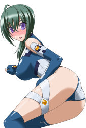Rule 34 | 00s, 1girl, :o, ahoge, ass, bare shoulders, blue thighhighs, blush, bodysuit, boots, breasts, clenched hand, covered erect nipples, embarrassed, facial mark, fingerless gloves, gem, gloves, green hair, hair between eyes, halterneck, highres, kannagi itsuki, koishikawa, large breasts, leaning forward, leotard, long hair, looking at viewer, looking back, nose blush, open mouth, purple eyes, simple background, solo, sora wo kakeru shoujo, surprised, thigh boots, thigh strap, thighhighs, turtleneck, white background