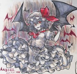 Rule 34 | 1girl, ascot, bat (animal), bat wings, black wings, blue hair, breasts, chinese commentary, colored skin, commentary request, curly hair, dated, frilled sleeves, frills, hand up, hat, hat ribbon, highres, lower teeth only, marker (medium), mob cap, open mouth, petticoat, puffy short sleeves, puffy sleeves, red ascot, red eyes, red nails, red ribbon, remilia scarlet, ribbon, shirt, short sleeves, skirt, small breasts, solo, teeth, touhou, traditional media, white hat, white shirt, white skin, white skirt, wings, xianyujunzhimiyingla