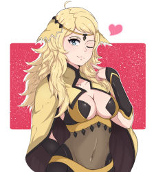 Rule 34 | 1girl, ahoge, arm up, blonde hair, breasts, bridal gauntlets, cleavage cutout, clothing cutout, covered navel, fire emblem, fire emblem fates, grey eyes, guti-mnez, heart, highres, long hair, looking at viewer, medium breasts, nintendo, ophelia (fire emblem), smile, solo, turtleneck