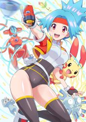 Rule 34 | 1girl, :d, absurdres, bellsprout, belt, blue hair, blurry, blush, breasts, brown thighhighs, capture styler, commentary request, covered navel, creatures (company), cropped jacket, deoxys, deoxys (normal), electricity, eyelashes, fingerless gloves, game freak, gen 1 pokemon, gen 3 pokemon, gloves, headband, highres, jacket, long hair, machop, magneton, mythical pokemon, nintendo, open clothes, open jacket, open mouth, orange headband, plusle, pokemoa, pokemon, pokemon (creature), pokemon ranger, pokemon ranger 1, shiny skin, shoes, short sleeves, smile, solana (pokemon), teeth, thighhighs, tongue, white background