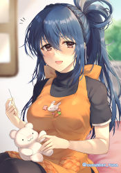 Rule 34 | 1girl, :d, apron, awayuki ramika, blue hair, braid, brown eyes, crown braid, fire emblem, fire emblem fates, hair between eyes, holding, holding needle, long hair, looking at viewer, needle, nintendo, oboro (fire emblem), open mouth, ponytail, smile, solo, stitching, stuffed animal, stuffed toy, teddy bear, twitter username