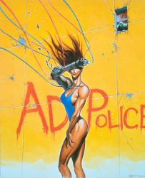 Rule 34 | 1980s (style), 1990, a.d. police files, arm up, artist name, bikini, breasts, brown hair, cable, cleavage, clenched hand, concrete, copyright name, crack, feet out of frame, flying hair, fog, gina marceau, hand on thigh, hidden eyes, highres, large breasts, long hair, mechanical arms, metal, muscular, oldschool, one-piece swimsuit, open mouth, police, police uniform, policewoman, prosthesis, prosthetic arm, retro artstyle, single mechanical arm, standing, swimsuit, tag, title, underboob, uniform, wall, window