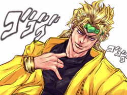 Rule 34 | 1boy, adjusting collar, blonde hair, bracelet, dio brando, earrings, headband, heart-shaped ornament, jacket, jewelry, jojo no kimyou na bouken, male focus, menacing (jojo), portrait, red eyes, ruushii (lucy steel6969), scar, scar on face, simple background, solo, stardust crusaders, stitched neck, stitches, turtleneck, white background, yellow jacket