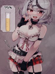 Rule 34 | 1girl, armband, bare shoulders, belt, belt chain, black gloves, black hair, black thighhighs, blush, braid, breasts, cleavage, cowboy shot, female focus, fingerless gloves, frilled shirt, frills, garter straps, gloves, grey background, grey hair, hair ornament, half-closed eyes, hand up, have to pee, heart collar, highres, hololive, japanese text, kirara hoshiyama, looking at viewer, medium breasts, miniskirt, multicolored hair, multiple belts, nail polish, nose blush, open mouth, plaid, plaid skirt, punk, red eyes, red nails, red skirt, sakamata chloe, shirt, short hair, sidelocks, single braid, skindentation, skirt, skirt tug, sleeveless, sleeveless shirt, smile, solo, spaghetti strap, spiked gloves, standing, streaked hair, sweat, test tube, thighhighs, thighs, translation request, two-tone hair, urine meter, virtual youtuber, white shirt, x hair ornament