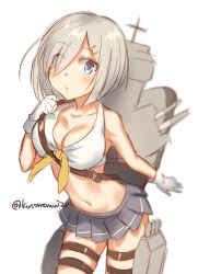 Rule 34 | 1girl, bare shoulders, belt, blue eyes, breasts, cleavage, collarbone, eyes visible through hair, gloves, hair ornament, hair over one eye, hairclip, hamakaze (kancolle), highres, kantai collection, large breasts, looking at viewer, mika (1020mk), miniskirt, navel, neckerchief, pleated skirt, short hair, silver hair, skindentation, skirt, solo, twitter username, white gloves, yellow neckerchief