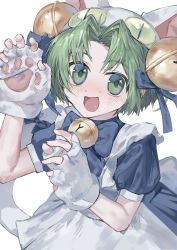 Rule 34 | 1girl, animal hands, animal hat, apron, artist request, bell, blue ribbon, blush, bow, cat hat, cat tail, dejiko, di gi charat, fingerless gloves, gloves, green eyes, green hair, hair ribbon, hat, highres, jingle bell, looking at viewer, maid apron, open mouth, paw gloves, puffy short sleeves, puffy sleeves, ribbon, short hair, short sleeves, sleeve cuffs, solo, tail, tail ornament, tail ribbon, white background