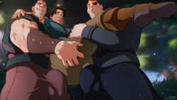 Rule 34 | 3boys, absurdres, ass, ass grab, bara, brown hair, bulge, bulge to ass, covered penis, disney, dizdoodz, eyepatch, flynn rider, from side, grabbing another&#039;s ass, groping, group sex, highres, huge ass, large bulge, lifting person, long sideburns, male focus, mmm threesome, multiple boys, muscular, muscular male, mutton chops, paid reward available, patchy stabbington, sideburns, sideburns stabbington, size difference, standing, tangled, thick eyebrows, thick thighs, thighs, threesome, yaoi