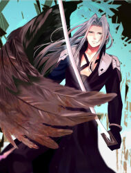 Rule 34 | 1boy, abstract background, armor, black coat, black gloves, black wings, chest strap, coat, commentary request, dutch angle, feathered wings, final fantasy, final fantasy vii, gloves, green eyes, grey hair, high collar, holding, holding sword, holding weapon, katana, light smile, long bangs, long coat, long hair, looking down, male focus, minatoya mozuku, parted bangs, pauldrons, sephiroth, serious, shoulder armor, single wing, slit pupils, solo, sword, upper body, weapon, wind, wings