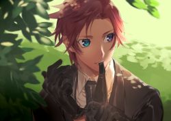 Rule 34 | 1boy, adjusting clothes, adjusting gloves, asbel lhant, bad id, bad twitter id, black gloves, black necktie, blue eyes, gloves, grass, heterochromia, leaf, lips, looking to the side, male focus, mouth hold, necktie, official alternate costume, purple eyes, sachico66, shade, solo, tales of (series), tales of graces, upper body