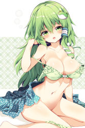 Rule 34 | 1girl, :o, bare shoulders, barefoot, blue skirt, blush, bottomless, bra, breasts, cleavage, commentary request, feet out of frame, frills, frog hair ornament, good meat day, green background, green bra, green eyes, green hair, groin, hair between eyes, hair ornament, hair tubes, hand in own hair, head tilt, highres, kochiya sanae, large breasts, long hair, looking at viewer, maturiuta sorato, navel, open clothes, open skirt, panties, panties around leg, plaid, plaid background, sidelocks, sitting, skirt, snake hair ornament, solo, stomach, strap slip, thighs, touhou, two-tone background, underwear, underwear only, white background, yokozuwari