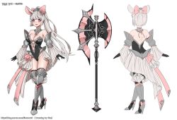 Rule 34 | 1girl, :d, absurdres, animal ears, armor, artist name, axe, bad id, bad pixiv id, bare shoulders, black gloves, boots, bow, breasts, cleavage, detached sleeves, facing away, gloves, greaves, grey footwear, groin, hair bow, high heel boots, high heels, highres, long hair, looking at viewer, medium breasts, multiple views, open mouth, ponytail, purple eyes, smile, standing, tacco (tikeworld), watermark, weapon, web address, white background