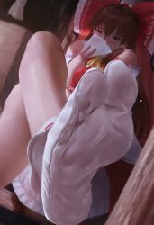 Rule 34 | 1girl, absurdres, ascot, bare legs, blush, bow, brown hair, covered mouth, crossed legs, detached sleeves, feet, foot focus, foreshortening, hakurei reimu, highres, holding, japanese clothes, looking at viewer, miko, no shoes, ofuda, red bow, rito (ritoxiaying), socks, soles, solo, tabi, toes, touhou, yellow ascot